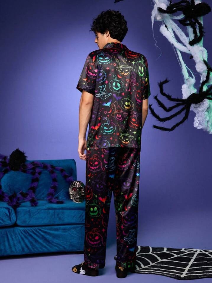 Uptown Funky Halloween Multicolour Pumpkin & Wizard Hat Graphic Poplin Sleepwear Set